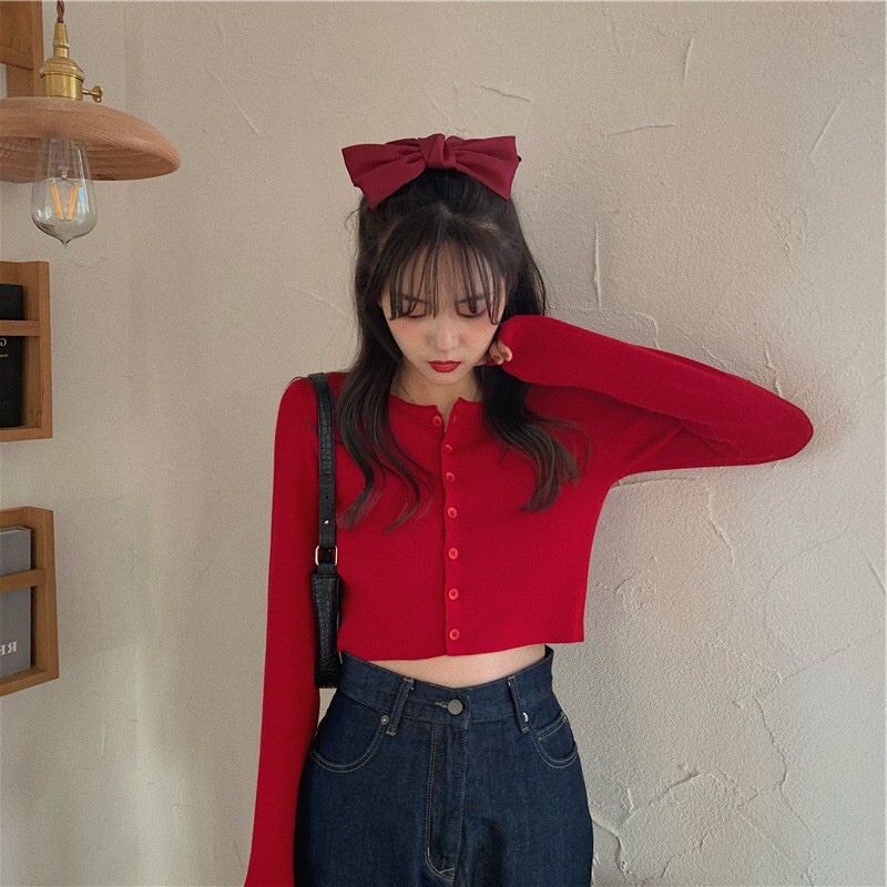 Áo len croptop tay dài Áo Cardigan nữ dệt kim len tăm Hàn Quốc Quảng Châu K2C2