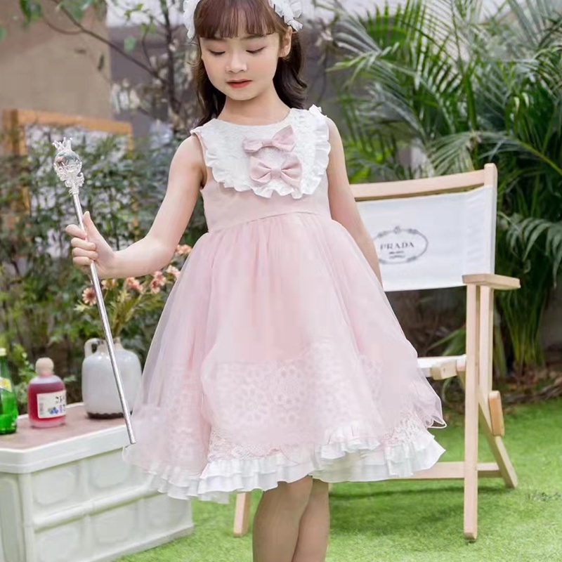 Đầm Công Chúa Phối Ren Lưới Đính Nơ Cho Bé Từ 4-8 Tuổi