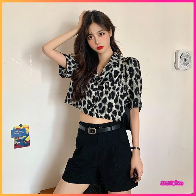 Áo Croptop Nữ, Áo Sơ Mi CropTop Họa Tiết Da Báo Cổ Vest Ulzzang | BigBuy360 - bigbuy360.vn