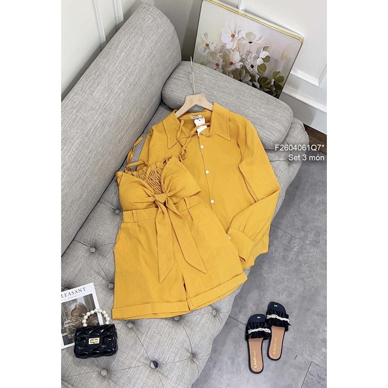 Set đi biển 3 món áo sơ mi tay dài áo bra cột nơ ngực 2 dây phối quần short! | BigBuy360 - bigbuy360.vn