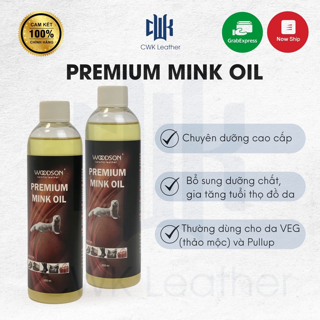 [Chính hãng]-Mink oil (mỡ chồn) dạng dầu nguyên chất dưỡng da Woodson 250ml-Chuyên bảo dưỡng và khôi phục, làm mới đồ da