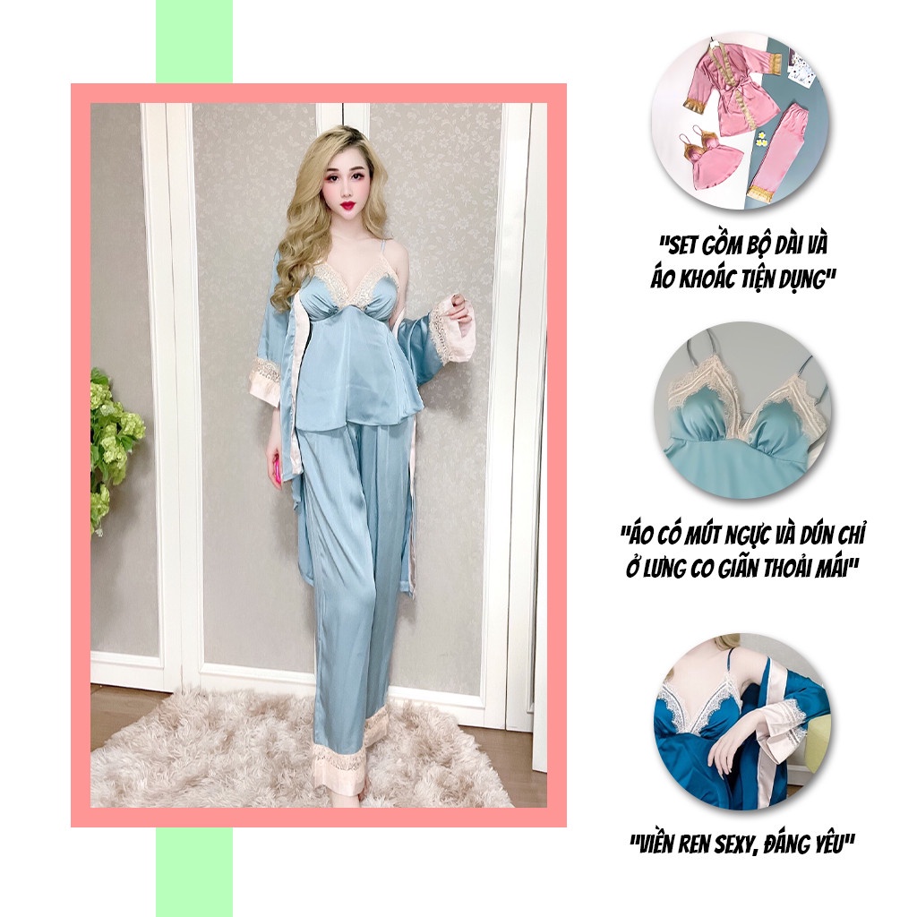 Set đồ ngủ SBORG bộ ngủ lụa latin áo 2 dây mút ngực dún chỉ quần dài viền ren phối áo khoác tay lửng sexy freesize 60kg