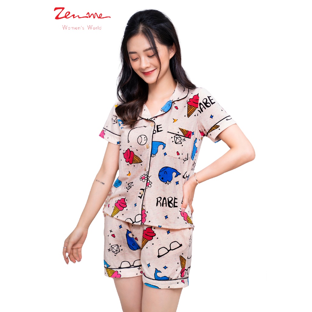 Đồ bộ nữ Zen Me pijama mặc nhà tay cộc quần đùi chất liệu chuẩn cotton họa tiết cá voi kem dễ thương