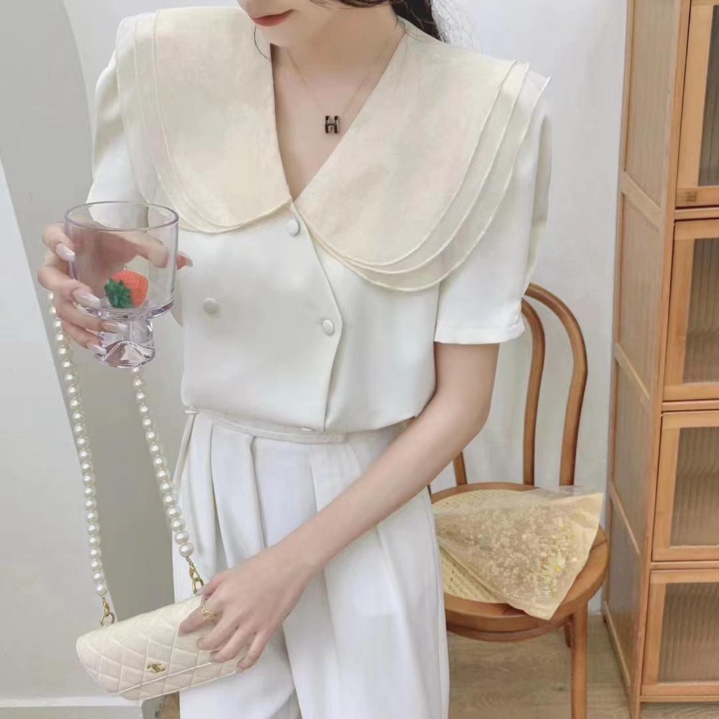 Áo Sơ Mi Cổ V Viền Lá Sen Phong Cách Retro Thời Trang Mùa Hè Cho Nữ