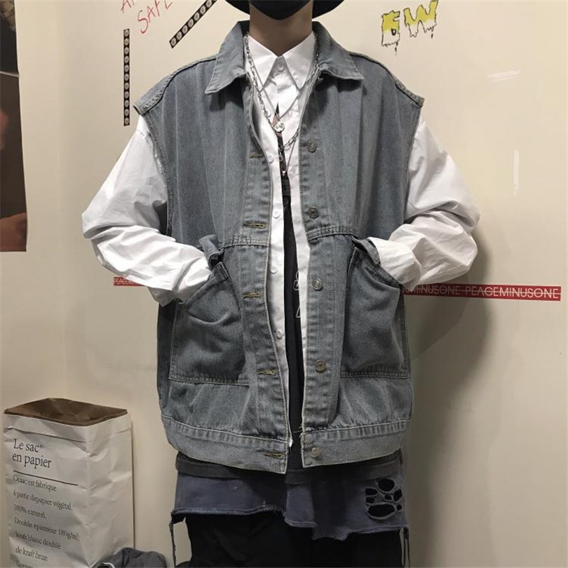 Áo Khoác Denim Không Tay Dáng Rộng Phong Cách Harajuku Hàn Quốc Thời Trang Cho Nam Nữ 12802