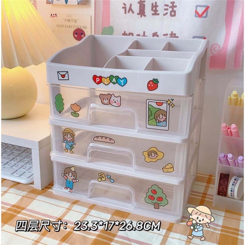 Kệ mĩ phẩm đa năng 4 tầng SIÊU TO có ngăn kéo kèm khay để remote, mỹ phẩm, phụ kiện- Kệ mỹ phẩm decor bàn học có sticker