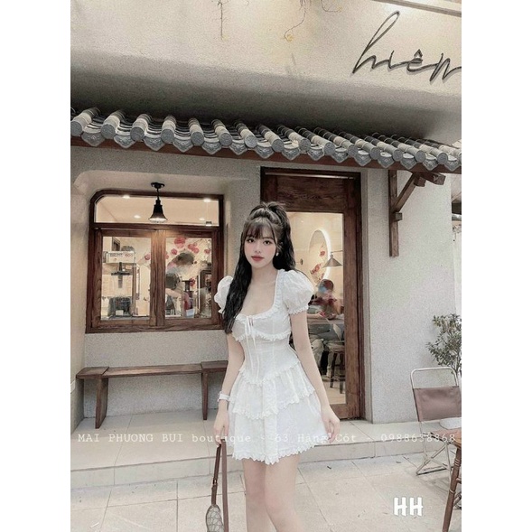 Váy trắng cột nơ viền bèo tay ngắn tiểu thư | BigBuy360 - bigbuy360.vn