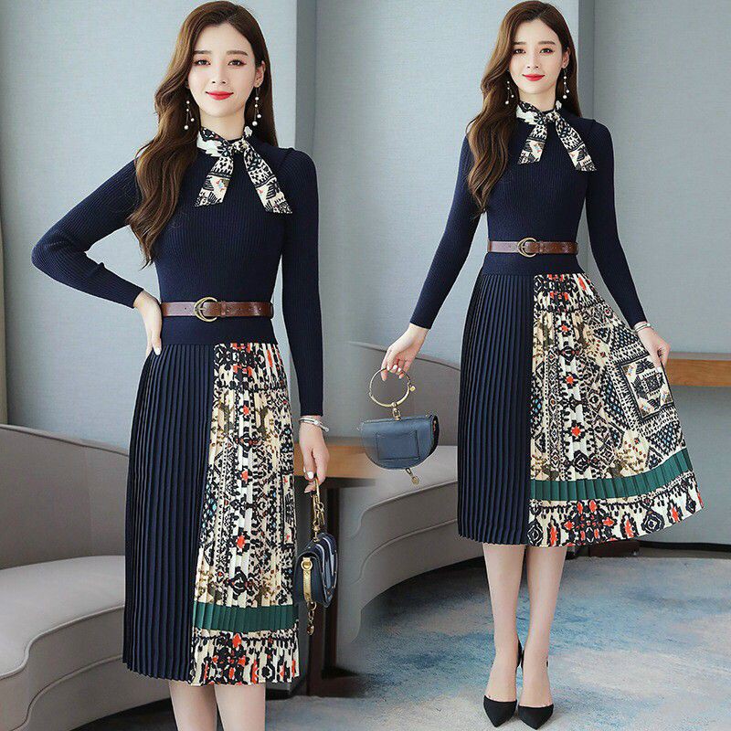 HÀNG NHẬP - ĐẦM LEN XÒE PHỐI LỤA DẬP LY KÈM NỊT