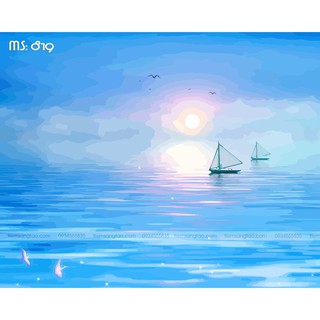 Tranh sơn dầu số hóa tự tô Bình minh xanh 819