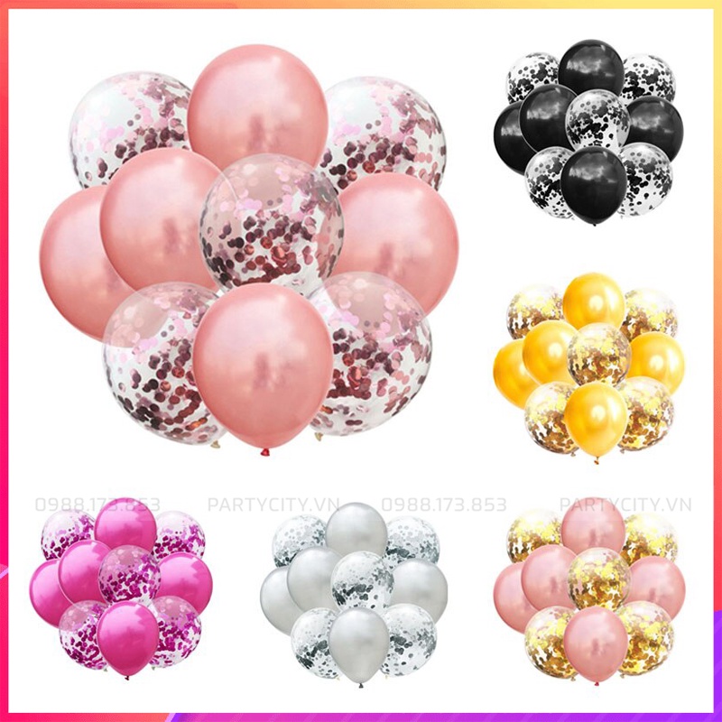 Bóng trang trí sinh nhật kim tuyến confetti, bóng latex nhũ 10inch (set 10 bóng)