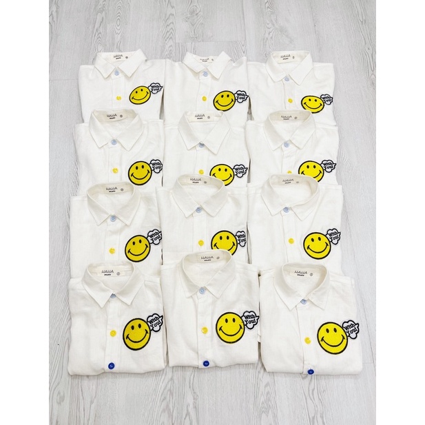 ÁO SƠ MI CHO BÉ, ÁO SƠ MI LINEN STICKER MẶT CƯỜI CHO BÉ TRAI SIZE TỪ 9KG ĐẾN 20KG