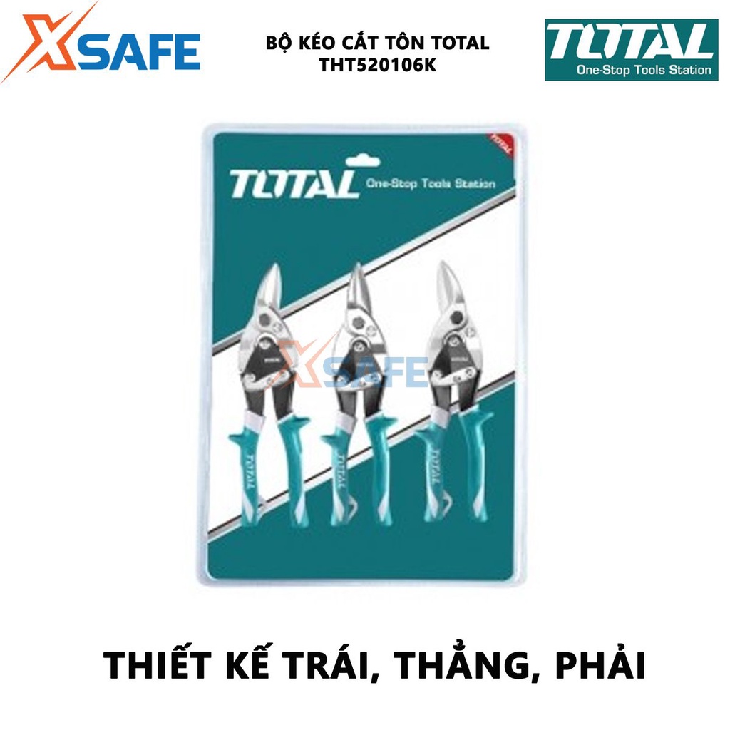 Bộ 3 kéo cắt tôn TOTAL THT520106K Bộ kéo mũi nhọn Chiều dài 250mm (10'') thép Carbon,không gỉ, tay bọc cao su cắt tôn