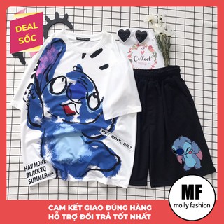 Set đồ unisex Stitch Hey Cool gồm quần cartoon kèm áo thun nam form rộng tay lỡ Molly Fashion