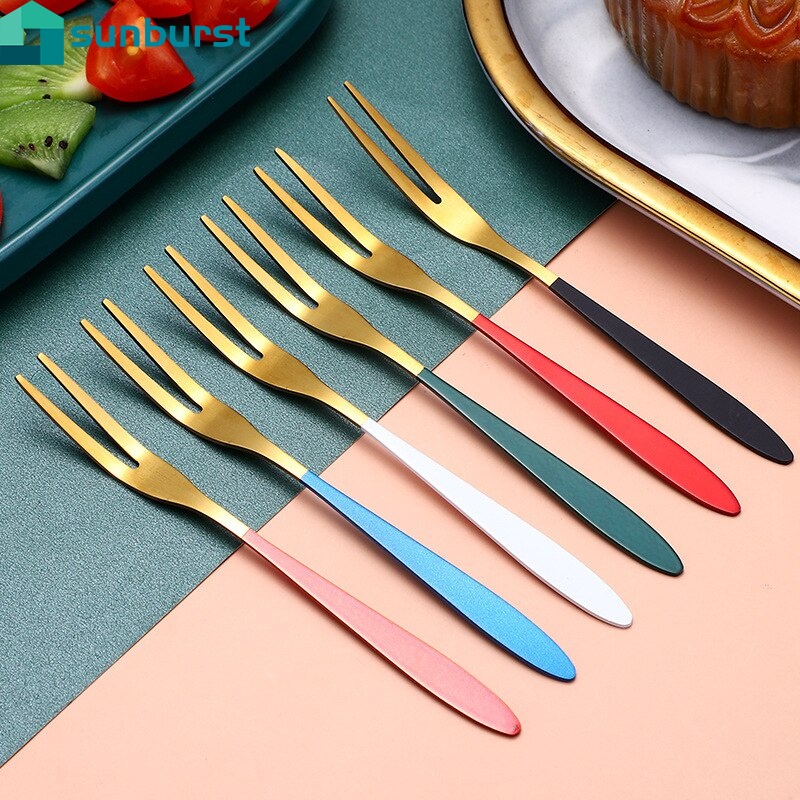 Nĩa thép không gỉ hai răng với tay cầm dài nhiều màu sắc cho bánh ngọt tráng miệng/ rau trộn/ đồ nhà bếp