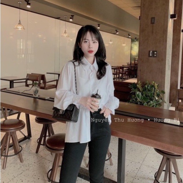 Áo sơ mi nữ dài tay trắng đi học, đi làm cổ bẻ form rộng vừa, bo nhún cổ tay vải lụa mềm mát