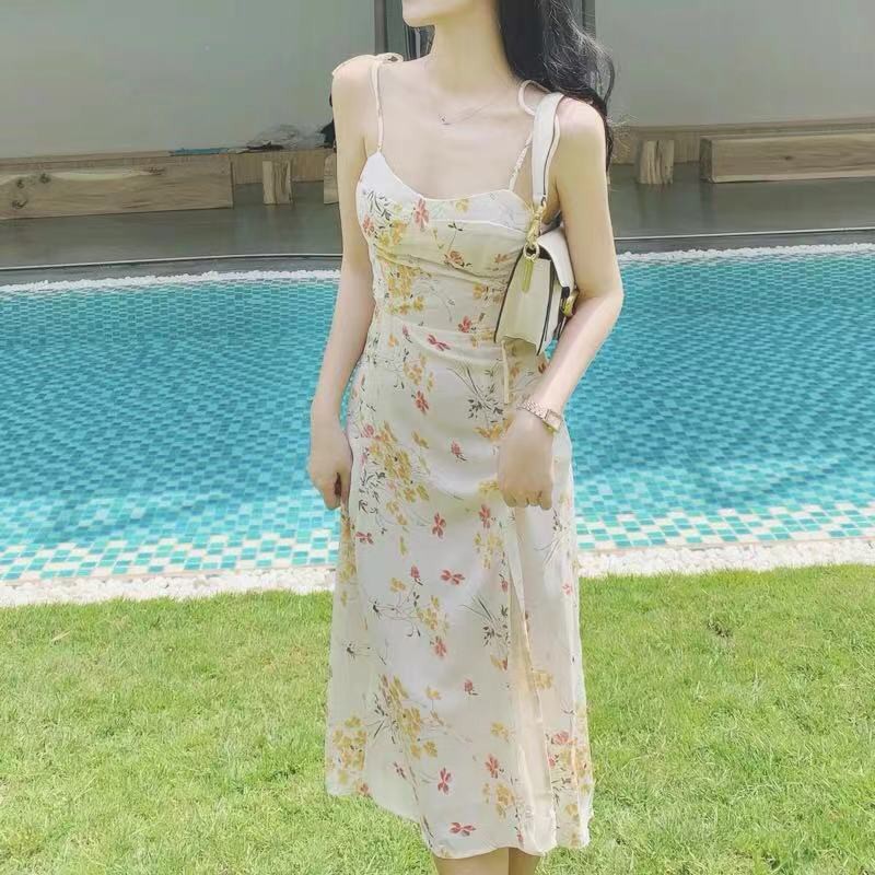Đầm dây họa tiết hoa phong cách Hàn Quốc cổ điển thời trang dành cho nữ