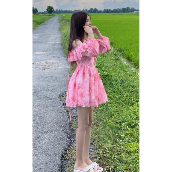Đầm hoa hai dây rớt vai cao cấp PLD23