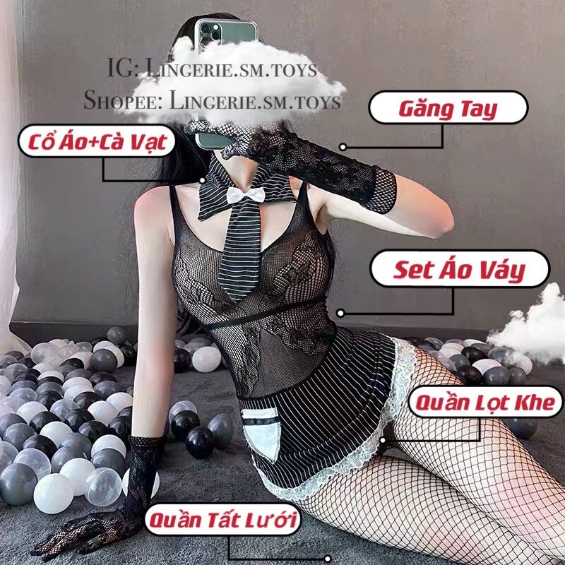 FM7485 Full Phụ Kiện | Cosplay Thư Kí | Set Hầu Gái Ren Hoa Kẻ Sọc Sexy