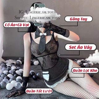 FM7485 Full Phụ Kiện | Cosplay Thư Kí | Set Hầu Gái Ren Hoa Kẻ Sọc Sexy