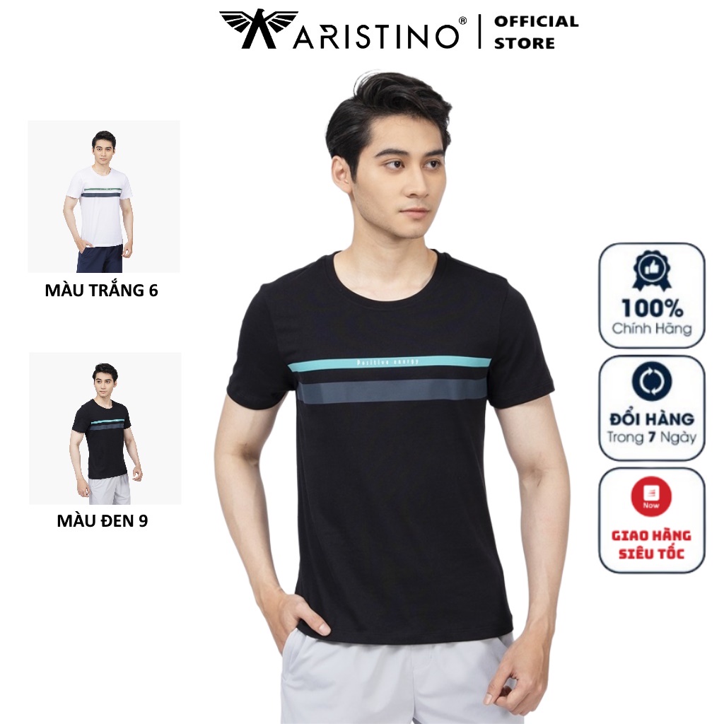 Áo Thun Nam Ngắn Tay ARISTINO ATS010S2 Áo Phông T-Shirt suông vừa trơn màu phối kẻ ngang ngực vải cotton cao cấp Cao Cấp