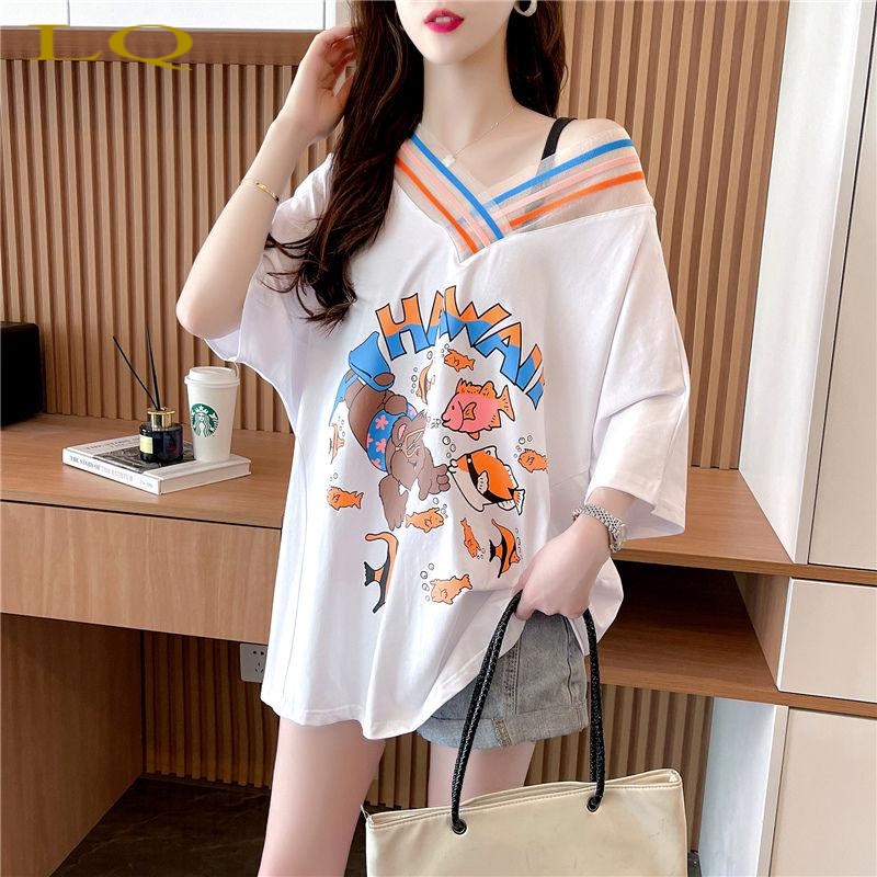 Lq Đầm Thun Ngắn Tay Cổ Chữ V Dáng Rộng Phối Màu Tương Phản Thời Trang Mùa Hè Dành Cho Nữ