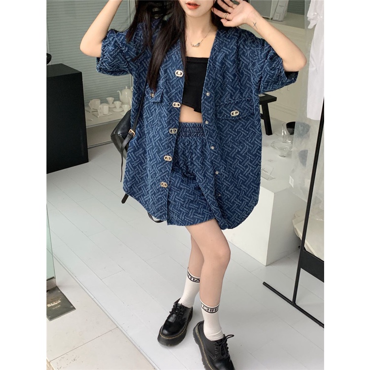 Set Áo Sơ Mi Denim Ngắn Tay + Quần Short Jeans Lưng Cao Ống Rộng Thời Trang Cho Nữ