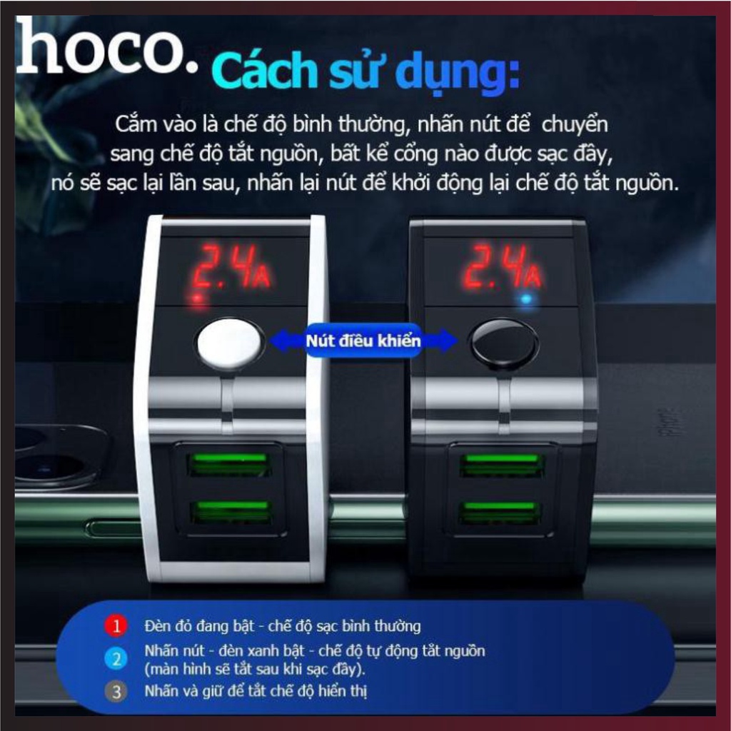 Cục sạc nhanh, cốc sạc nhanh chính hãng HOCO HK5 Tự Ngắt Thông Minh khi đầy pin, 2 Cổng USB 2.4A bảo vệ pin khi quá dòng