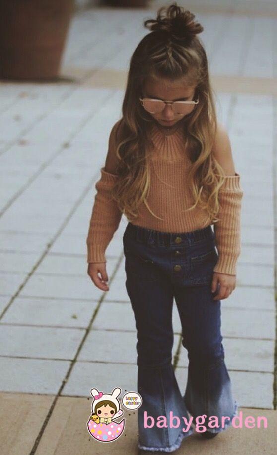 Set Áo Trễ Vai Và Quần Jeans Ống Loe Thời Trang Cho Bé Gái