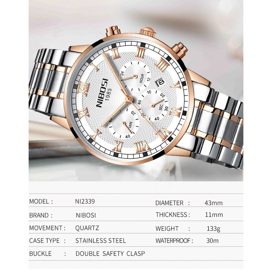 Đồng hồ nam NIBOSI 2339S dây thép 316L mặt vân sọc hiện đại size 43mm chống nước | BigBuy360 - bigbuy360.vn
