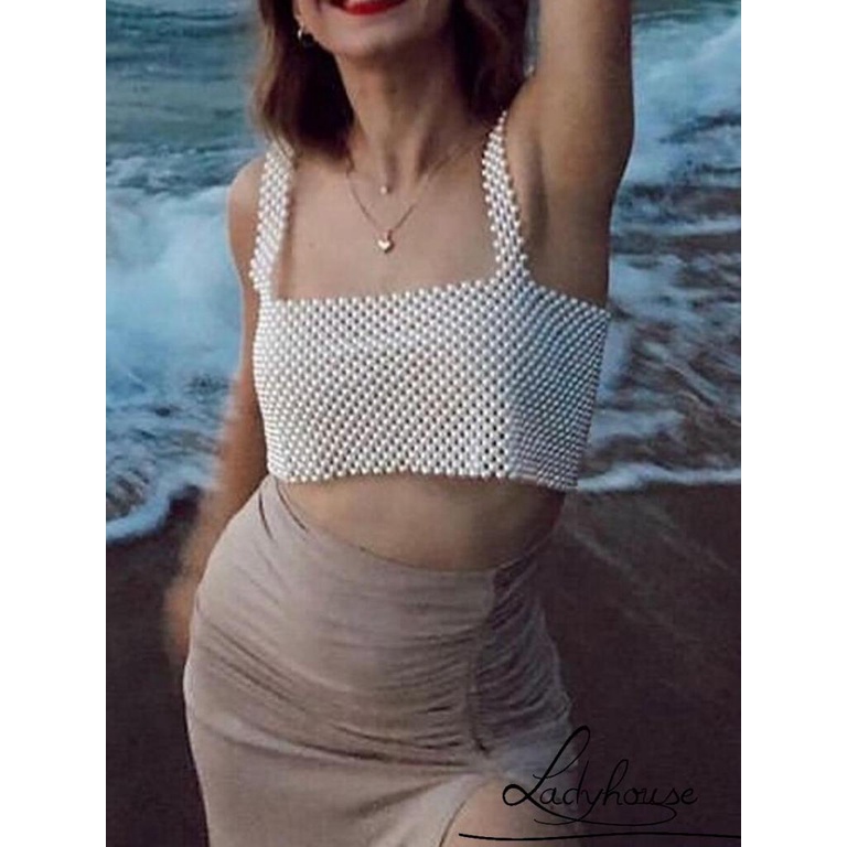 Áo Croptop Hai Dây Màu Trơn Đính Hạt Trang Trí Dành Cho Nữ