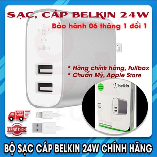 Bộ sạc cáp Belkin chính hãng USA,công suất 24W,2 cổng,chuẩn MFI, tặng thêm 1 cáp SIGNALEX chính hãng