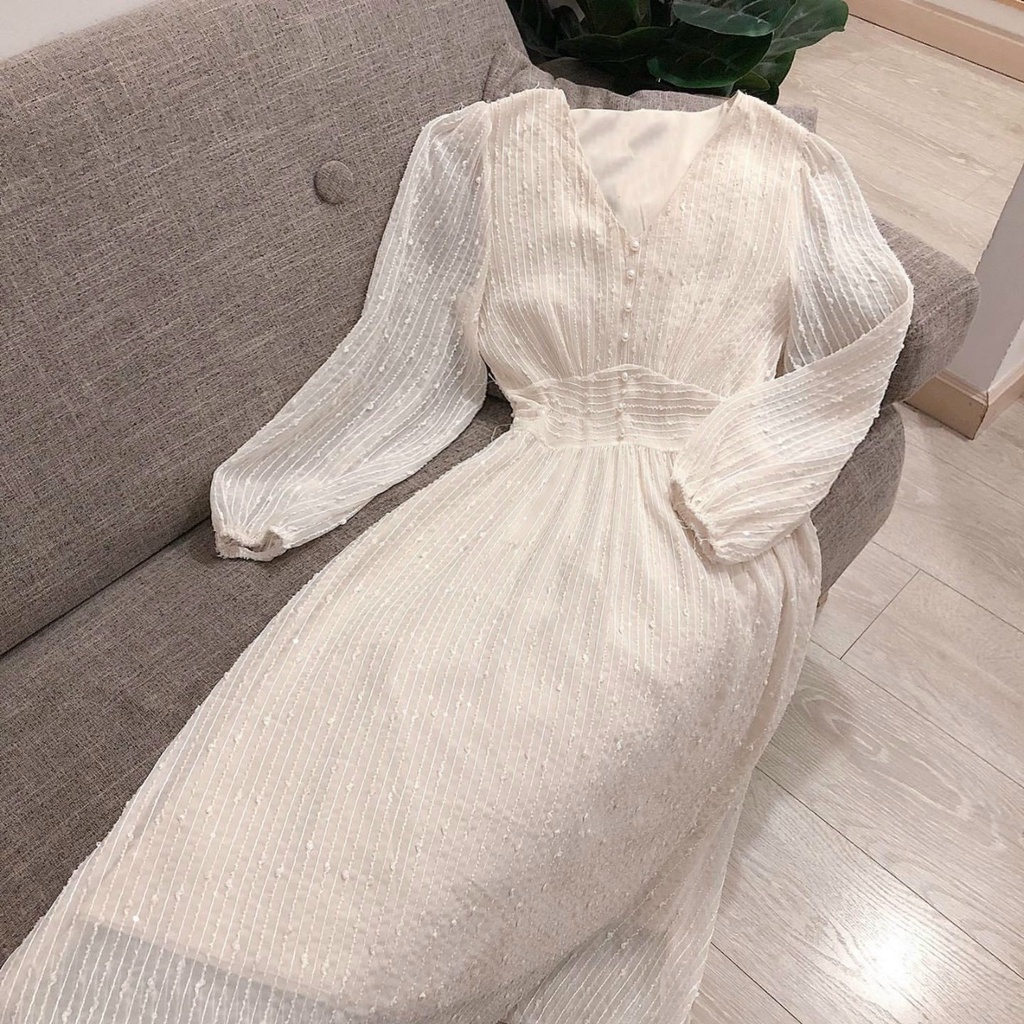 Đầm dự tiệc Đầm voan cổ V đính hạt 2 màu Trắng và Nude phù hợp mặc đi tiệc TANA D0505 | BigBuy360 - bigbuy360.vn
