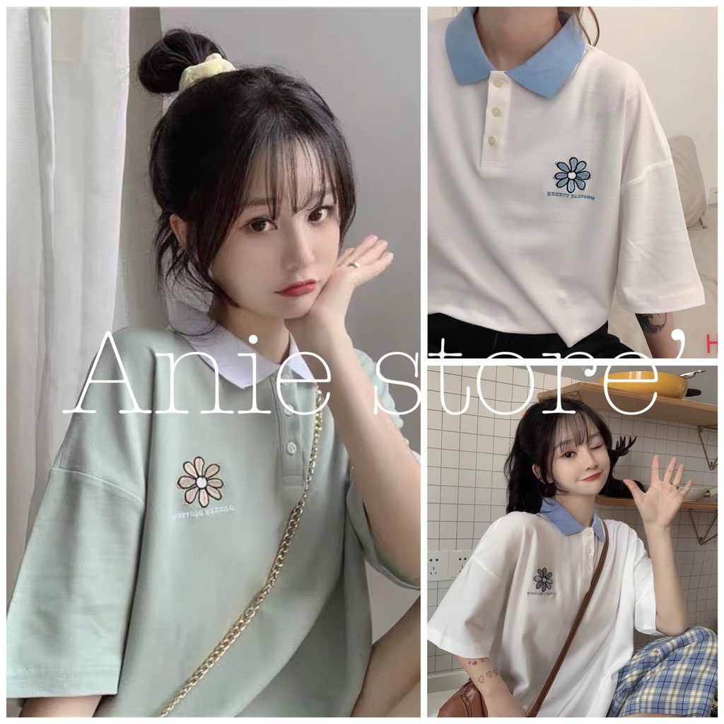Áo Phông Polo Nữ Thêu Hoa Cúc 🦋FREESHIP🦋 Áo Thun Cotton Cổ Bẻ Cúc Cài 2 Màu