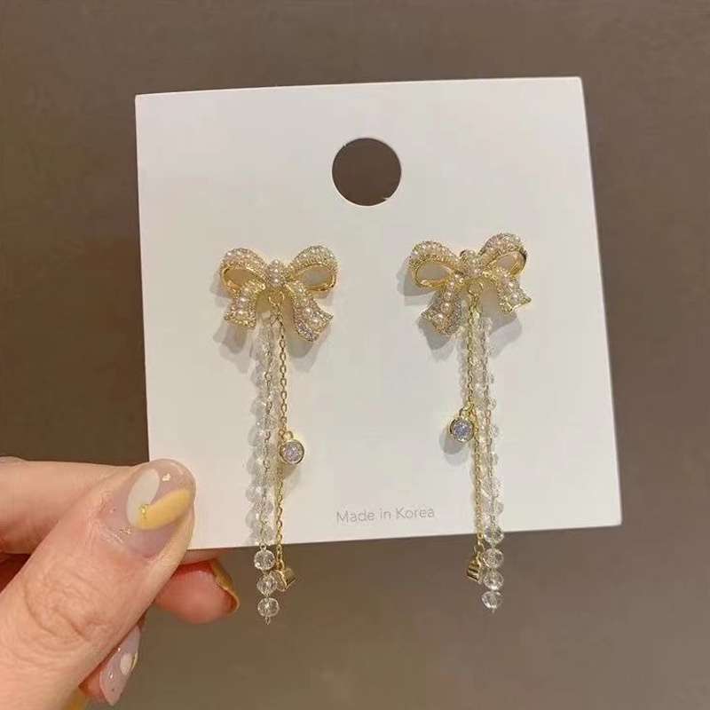 Bông tai mạ bạc 925 hình nơ đính ngọc trai nhân tạo phong cách Hàn Quốc