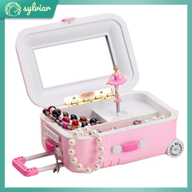 [sylviar] Hộp Nhạc Đựng Trang Sức Hình Vali Vẽ Hoạt Hình Bé Gái Có Bánh Xoay
