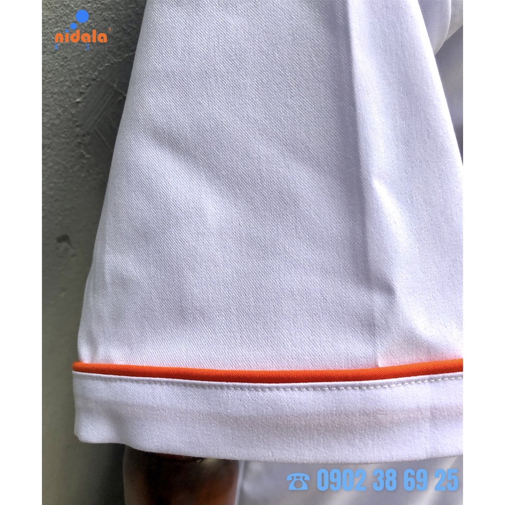 Áo bếp Nam Nữ trắng phối cam vải Kaki dày dặn, đẹp tay ngắn