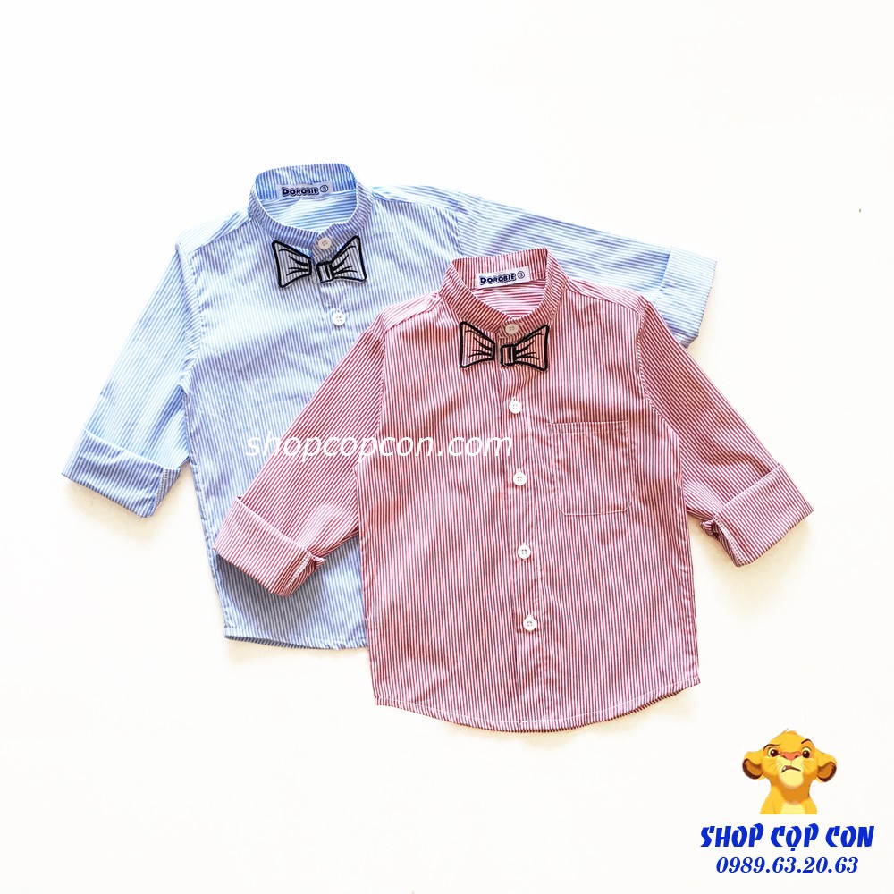 Áo sơ mi tay dài cổ trụ thêu nơ cho bé trai từ 16-48kg