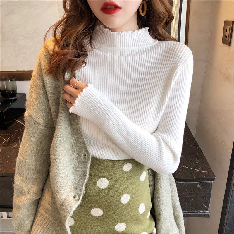 Áo Sweater Dệt Kim Tay Dài Cổ Cao Dáng Ôm Màu Trơn Thời Trang Thu Đông Mới  Cho Nữ
