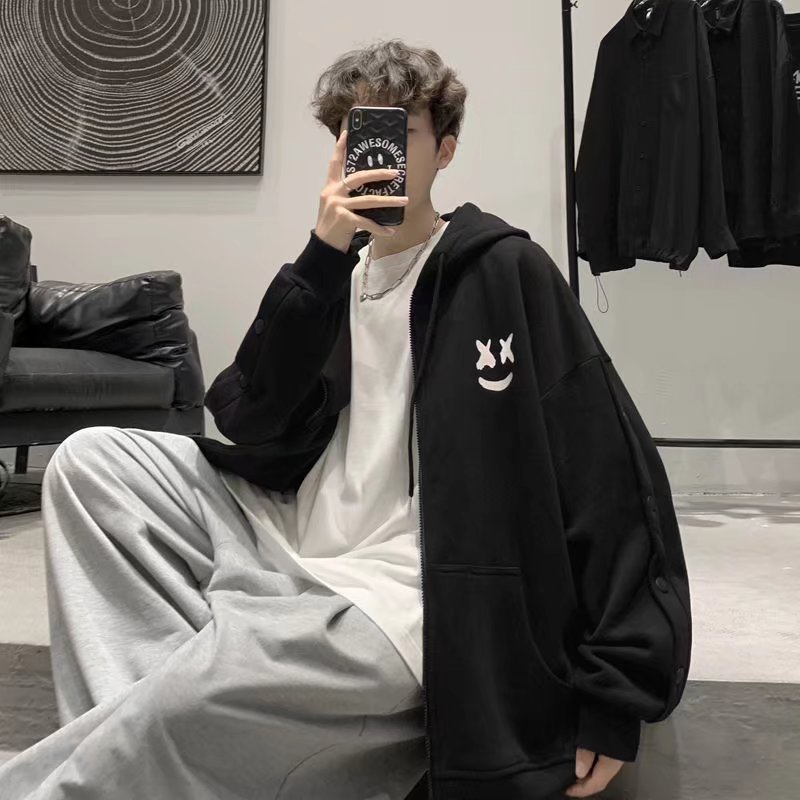 Áo Khoác Cardigan Có Mũ Trùm Đầu Dáng Rộng Họa Tiết Mặt Cười Thiết Kế Mới Thời Trang Xuân Thu Hàn Quốc Cho Nam