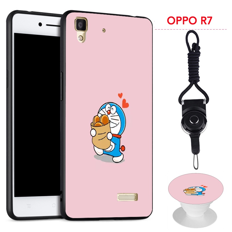Ốp điện thoại silicon mềm hình Doraemon chống sốc chống va đập có giá đỡ và dây đeo cho OPPO R7/R7 Lite
