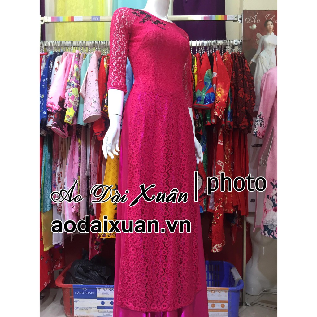 Áo dài vải ren màu hồng sen phối hoa màu đen - cỡ S - M - Áo dài truyền thống Việt Nam - áo dài ren hồng sen co giãn