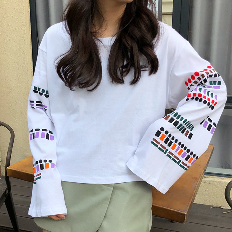 IELGY Áo Thun Tay Dài In Họa Tiết Phong Cách Hàn Quốc