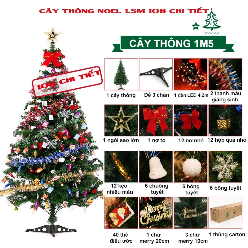 Cây Thông Noel 1m8 - Cây Thông Giáng Sinh Cỡ Lớn Tặng Kèm 130 Phụ Kiện Trang Trí và Đèn Nháy