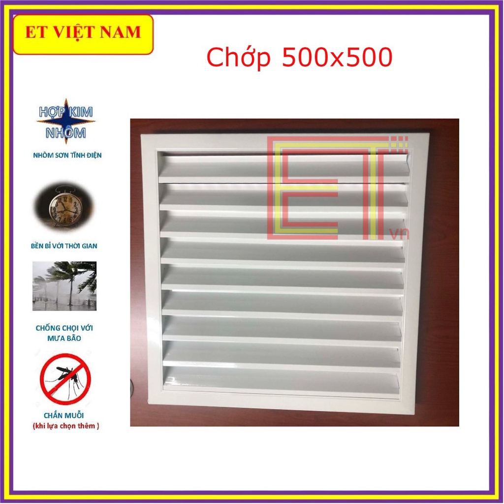 Chớp ô  thoáng cửa LOUVER-500 CHỐNG HẮT MƯA-MUỖI đa năng, BH 12T cho quạt thông hơi, lam gió,  nhôm sơn tĩnh điện