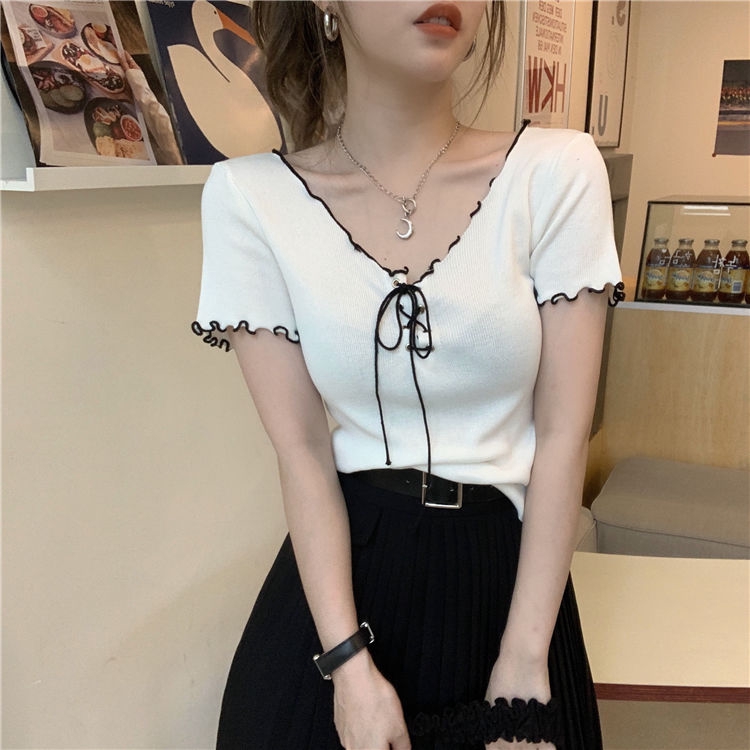 Áo Thun Tay Ngắn Cổ Chữ V Dáng Ôm Phối Màu Đen Trắng Cho Nữ