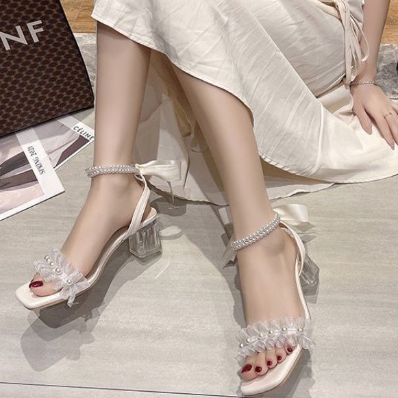 Giày Sandal Gót Trong Quai Thắt Nơ Đính Ngọc Giày Cao Gót 5P Sang Chảnh HH35