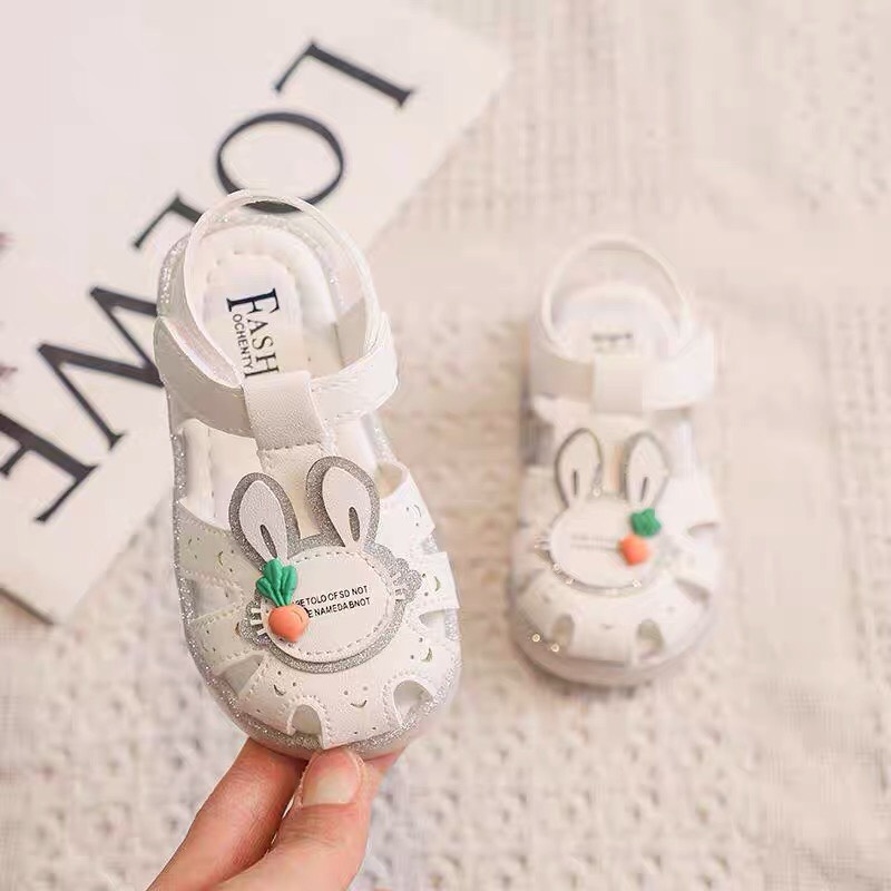 dép rọ cho bé - sandal bé gái da mềm, đế dẻo nơ thỏ carot có quay dán YY A11