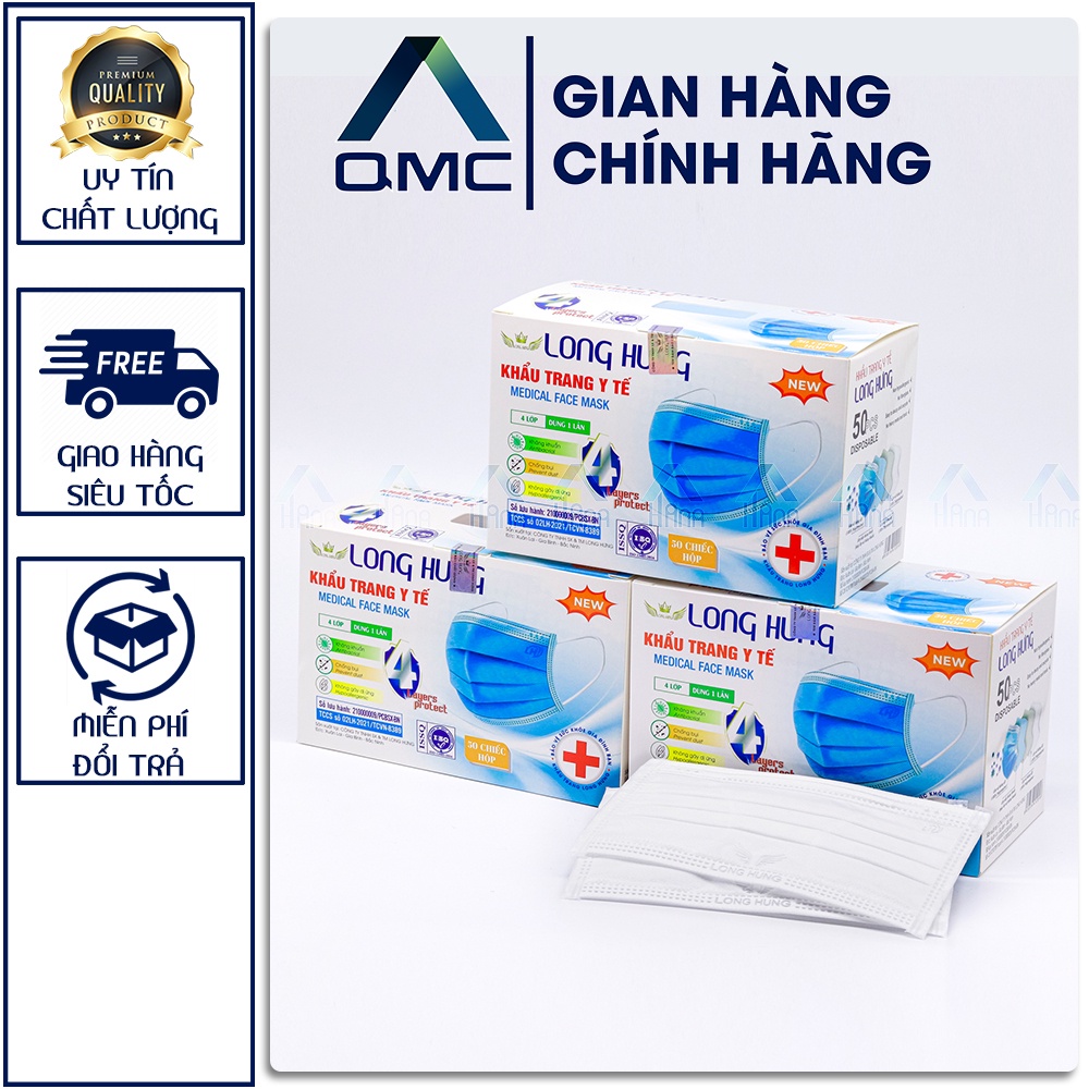 Khẩu trang y tế, khẩu trang Long Hưng màu trắng,hàng chính hãng, hộp 50c &lt;Siêu Rẻ&gt; #QMC