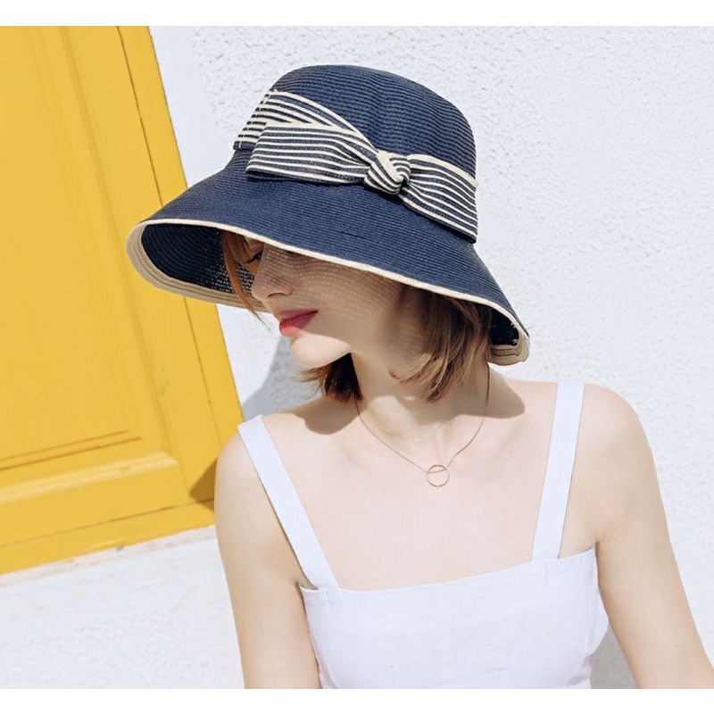 Mũ đi biển rộng vành nón cói nữ rộng vành chống nắng đẹp Nơ sọc phối màu