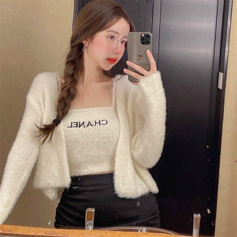 Set áo hai dây len lông kèm áo khoác cadigan